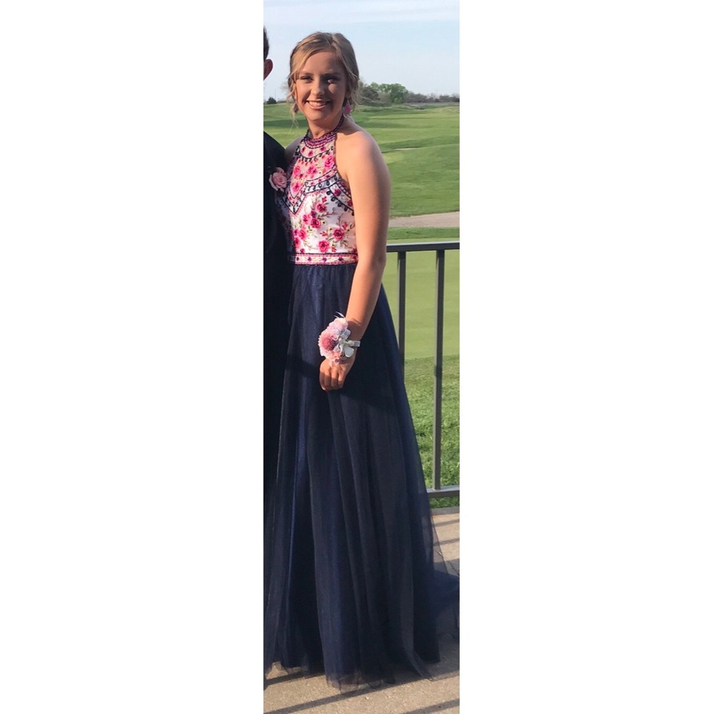 Morilee Navy and Pink Floral Embroidered Dress